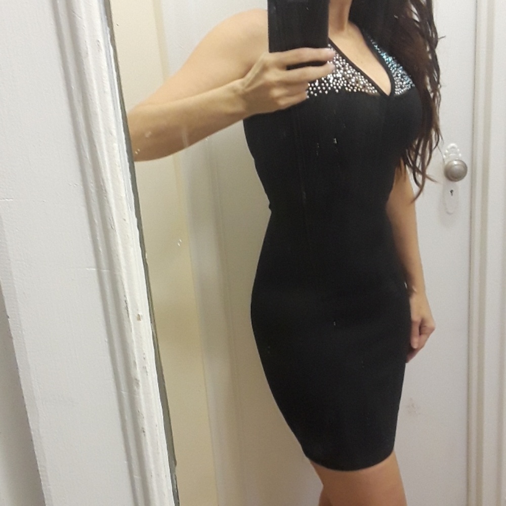 Black Bodycon Dress Studded Crystals NWT